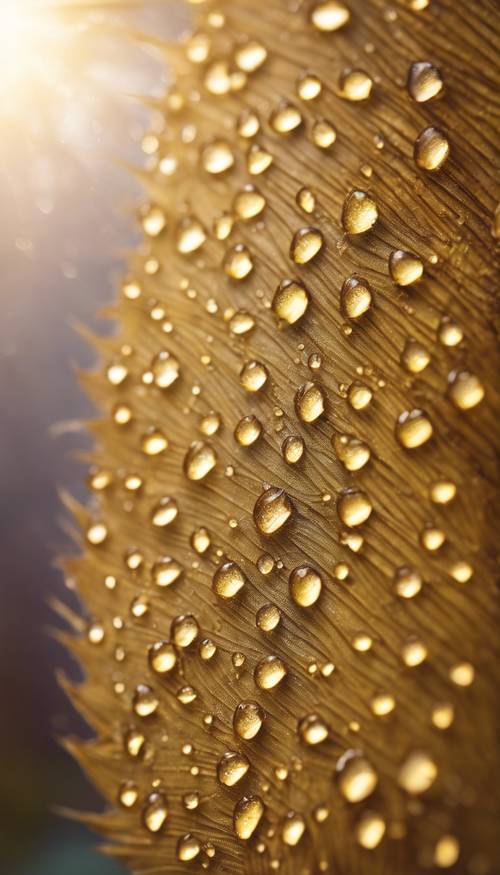 A macro shot of the dewdrops on a golden palm leaf early in the morning.