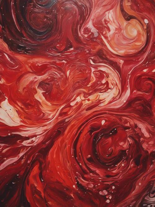 Une belle peinture abstraite présentant des tourbillons de différentes nuances de rouge.