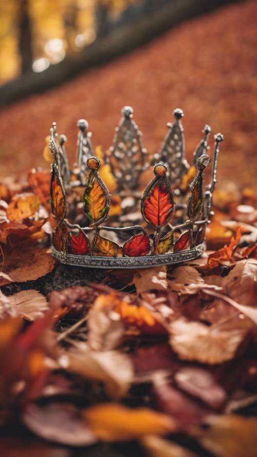 Uma coroa feita com folhas coloridas do outono, colocada contra uma paisagem de árvores resplandecentes com as cores do outono.