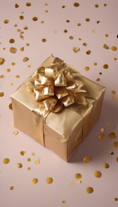 Uma visão aérea de uma caixa de presente lindamente embrulhada com um desenho de bolinhas douradas.
