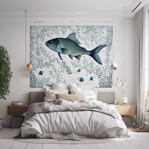 Um quarto branco minimalista com decoração charmosa inspirada no signo de Peixes, com lindas estampas de peixes na roupa de cama.