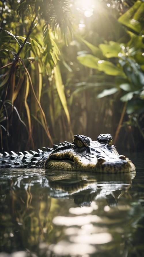 一條鱷魚在紅樹林中移動，它的鱗狀尾巴拖在後面。
