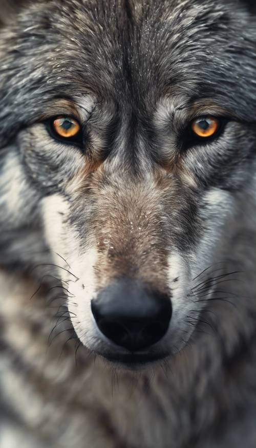 Los ojos del lobo gris brillan misteriosamente con brillo gris.