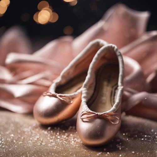 A pair of rose gold winged ballet shoes lying on a stage post performance, amidst a sprinkle of standing ovations.