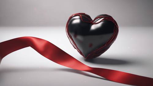 Реалистично прорисованное черное сердце, обернутое красными лентами.