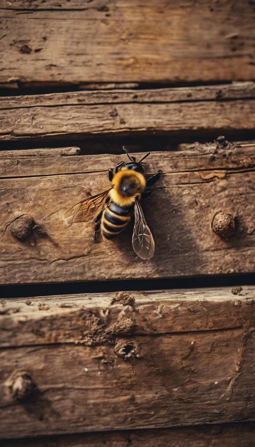这是一幅令人沮丧的海报艺术，画中是一只蜜蜂在一个古老的木蜂巢周围嗡嗡作响。