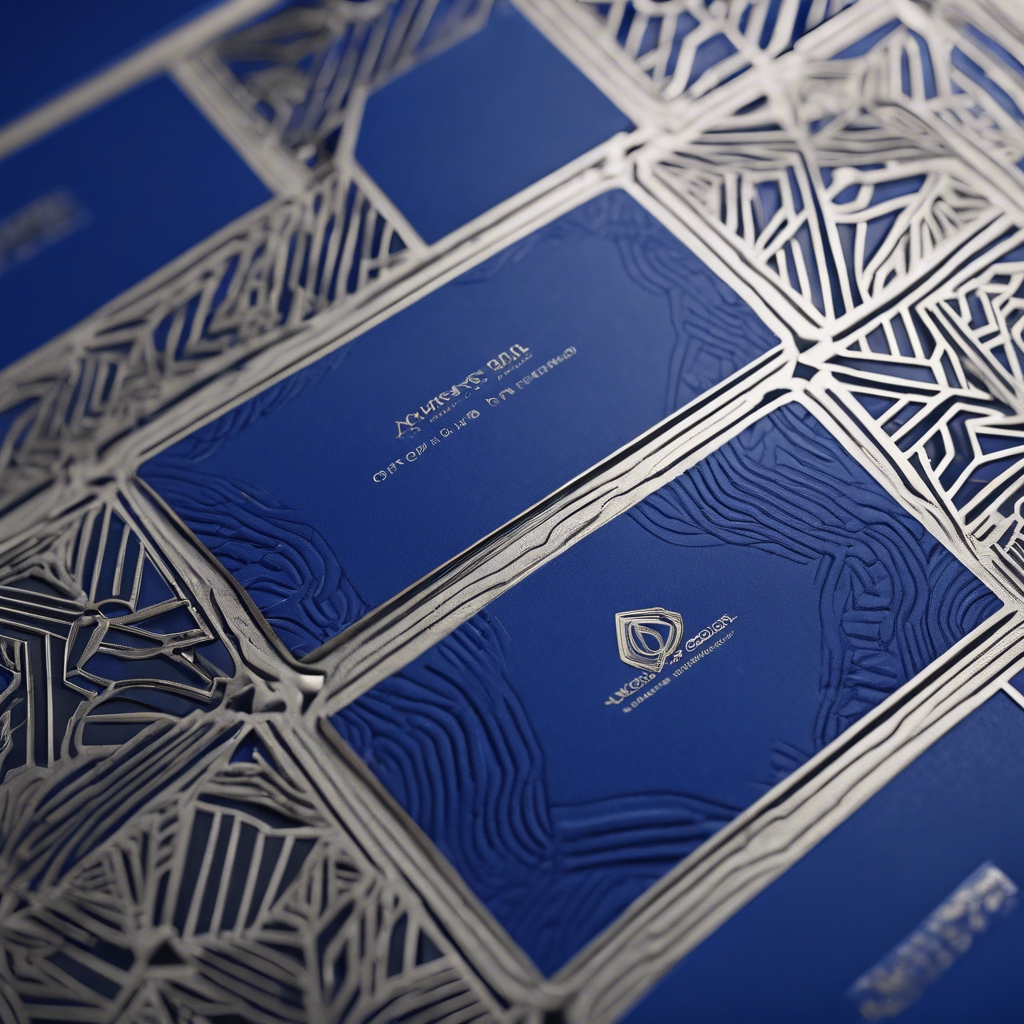 An elegant royal blue and silver business card with an embossed geometric pattern on one side. Tapet[44db849483d543bbabe5]