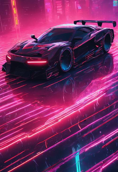 Une voiture de course cyberpunk à grande vitesse avec un extérieur noir brillant et des lumières holographiques rouges, déchirant une nuit pluvieuse.