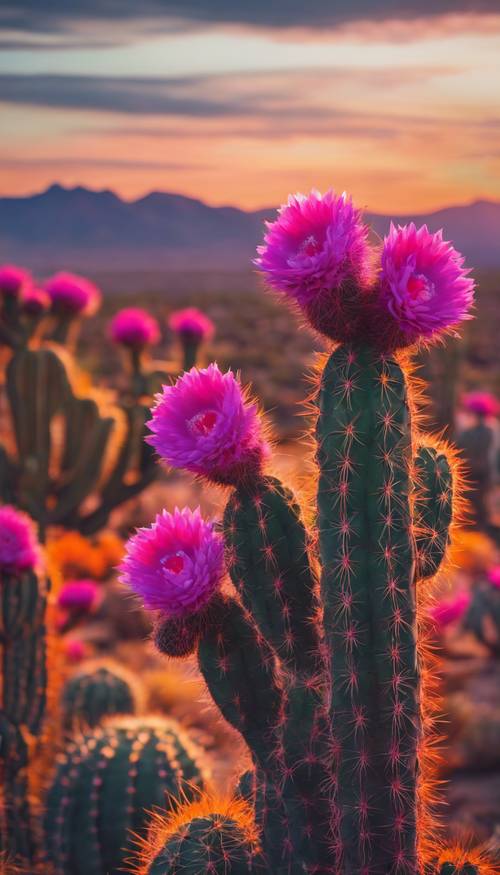 Pemandangan matahari terbenam yang romantis di gurun Meksiko dengan kaktus bermekaran, bunga-bunganya merupakan perpaduan warna magenta dan oranye yang cerah.