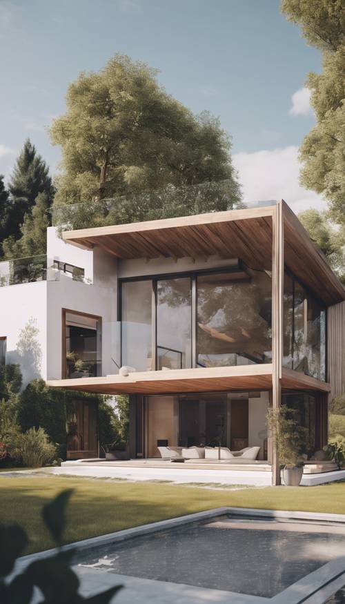 트렌디한 미니멀 인테리어 디자인이 돋보이는 현대적인 친환경 주택입니다.