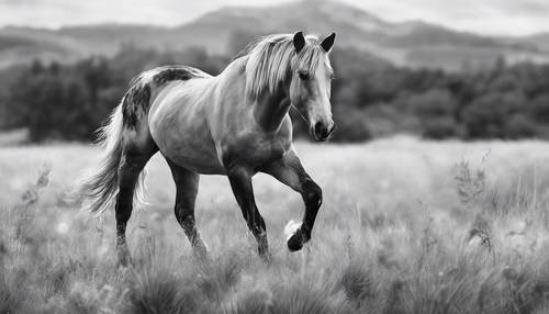 Une aquarelle ultra réaliste en noir et blanc mettant en scène un majestueux cheval sauvage.