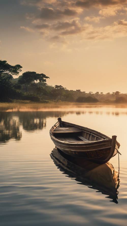 Um barco tradicional em uma lagoa tranquila ao nascer do sol, com a citação &quot;Conquistar a vida não é o equivalente a evitar a morte&quot; gravada na viga de madeira.