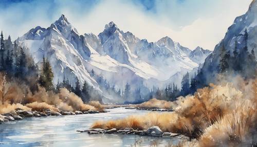 ציור בצבעי מים של רכס הרים מלכותי ומושלג על רקע שמיים כחולים של צהריים, עם נהר נוצץ שזורם בעמק.