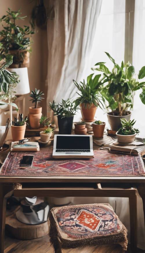 Mesa de trabalho em casa estilo boho com plantas em vasos e tapeçaria étnica Papel de parede [1138b20c573f4bbdb3c7]