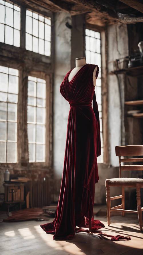 Bordowa aksamitna sukienka udrapowana na zabytkowym drewnianym krześle na poddaszu artysty.