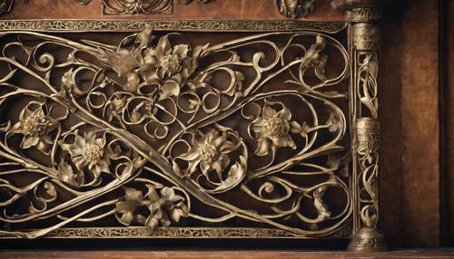 A detailed close-up of an art nouveau floral metal grille over an antique fireplace, artfully sculpted from brass.