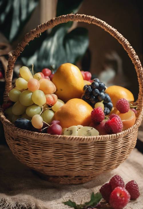 A light brown weaved basket filled with assorted fruits.