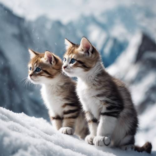三隻大理石小貓試圖登上雄偉的雪山之巔，這是一場史詩般的冒險。