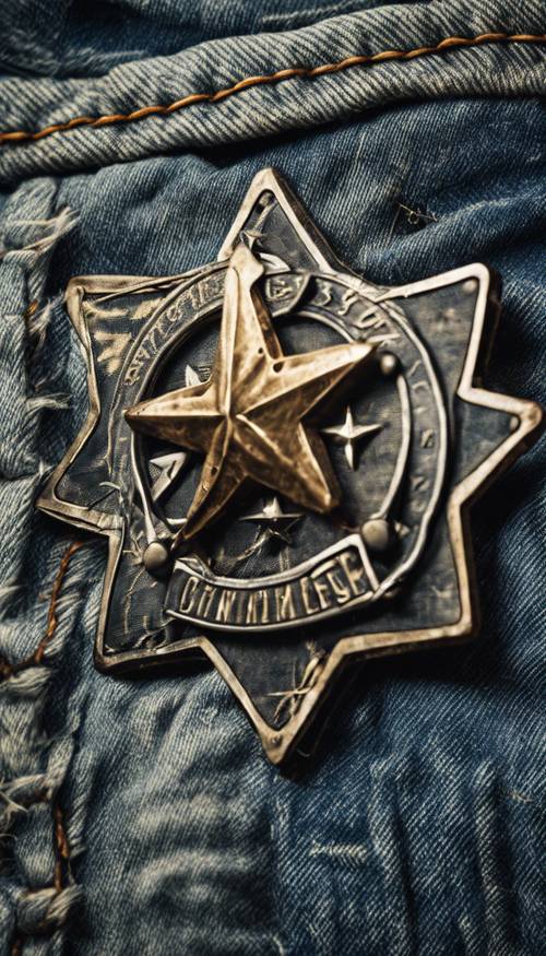 Винтажный значок со звездой темно-синего цвета, прикрепленный к грубой поношенной джинсовой куртке.