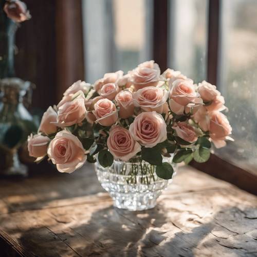 Tavolo rustico in legno caratterizzato da una composizione di rose antiche in un vaso di cristallo.