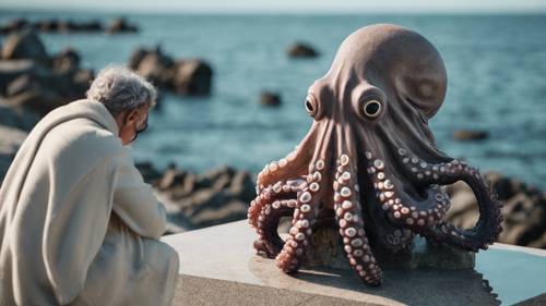 Khung cảnh u ám của một con bạch tuộc đang tỏ lòng thành kính trước bức tượng Đá cẩm thạch dưới đáy biển.
