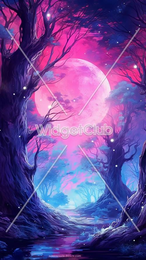 ピンク色の月の下の魔法の森