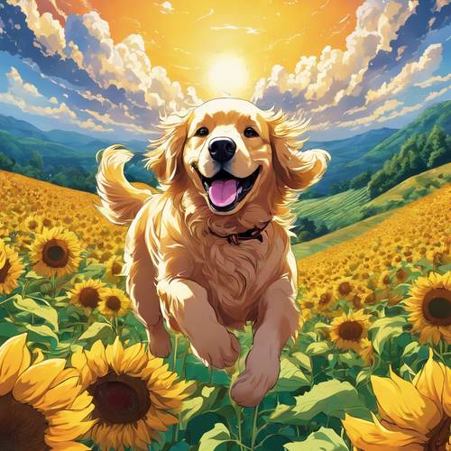 An exuberant anime-style Golden Retriever leaping through a vibrant sunflower field. Tapeta [fd2252b62f71484791f6]