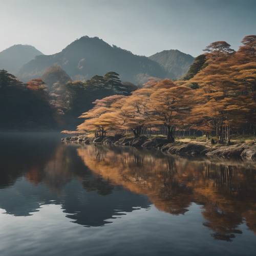 הר יפני יפהפה המשתקף בצורה מושלמת על פני השטח הרגועים של אגם. טפט [819f5d6d8dc44744b587]