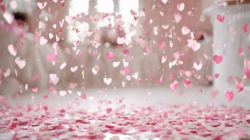 Розовое конфетти в форме сердца падает на белый свадебный проход.