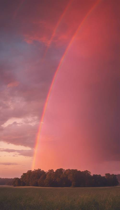 Ein pastellfarbener Sonnenaufgang, der das seltene Phänomen eines roten Regenbogens zeigt.