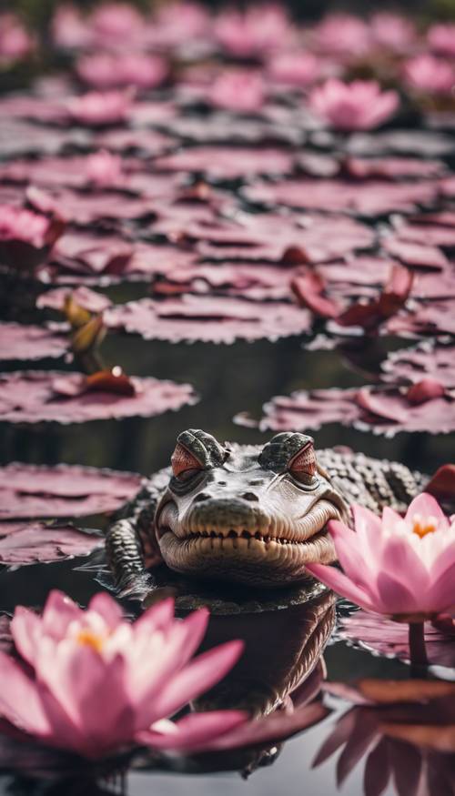 A crowd of curious pink crocodiles exploring a marsh full of water lilies.