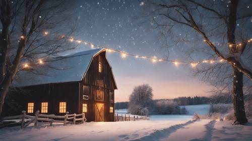 A snowy winter landscape with a dazzling view of a barn, outlined with twinkling Christmas lights.
