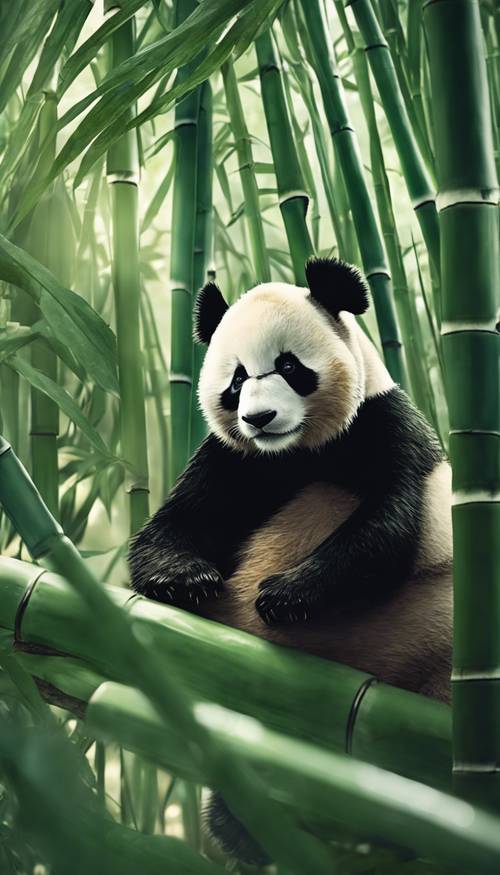Seekor panda kecil yang lucu, berbaring santai di tempat sejuk dan teduh di bawah dedaunan bambu hijau besar.