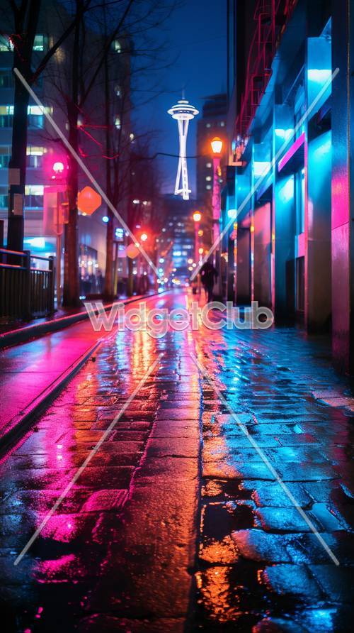 Farbenfrohe Nachtstadtstraße nach Regen