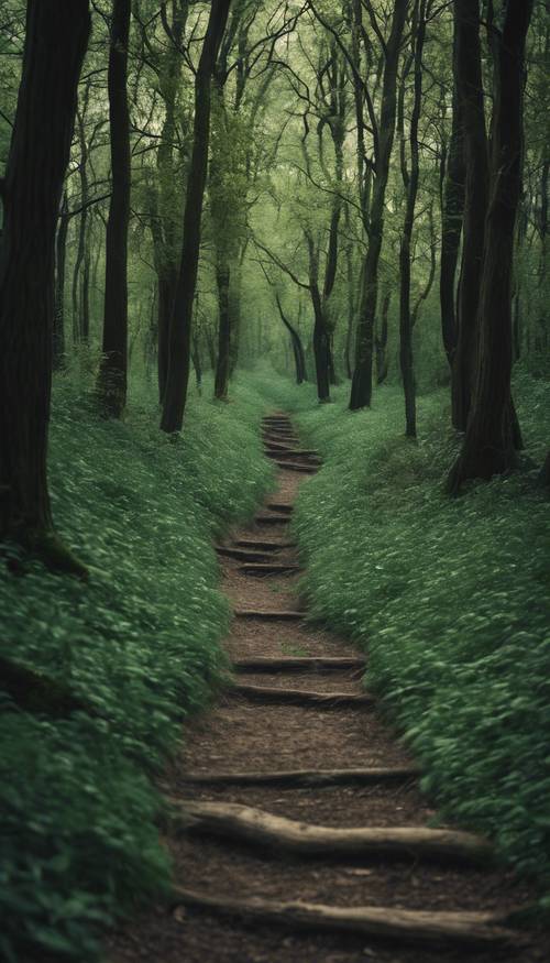 深绿色树林中的一条隐蔽小路，充满神秘和冒险。