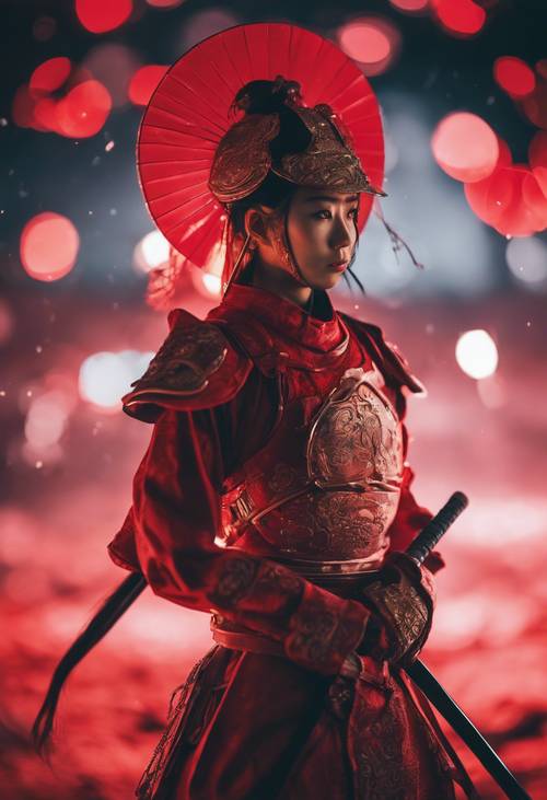 Uma samurai vermelha feminina em uma armadura antiga, sua força silenciosa irradiando sob o brilho da lua cheia.