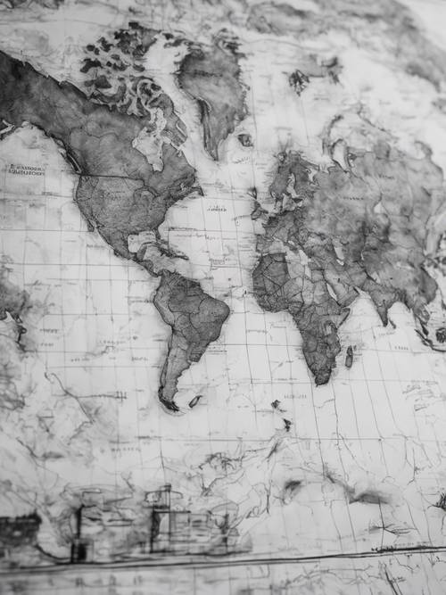 Eine mit Kohle in ein Skizzenbuch gezeichnete Weltkarte in Graustufen.