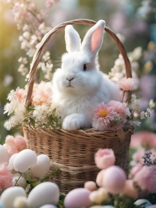Un conejito blanco esponjoso sentado en una canasta de Pascua en colores pastel rodeado de flores primaverales.