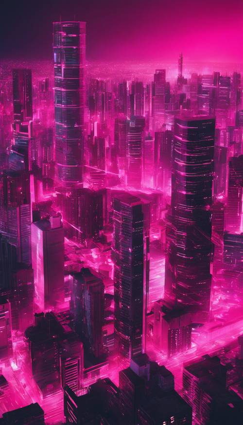 Arte del collage dello skyline della città rosa neon di notte