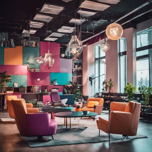 A modern office space with funky colored furniture and creative lighting. Tapetai [f9383972d90441d6b664]