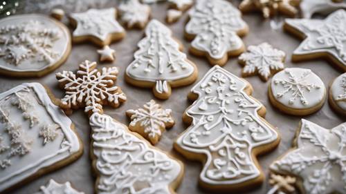 An array of intricately iced white Christmas cookies in various holiday shapes: bells, stars, trees, reindeer, and snowflakes.