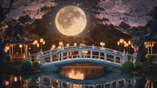 A moon bridge in an oriental garden, reflecting the glowing shape of a full moon.