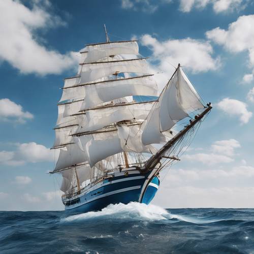 Grand white sailing ship with billowing blue sails navigating the open seas.