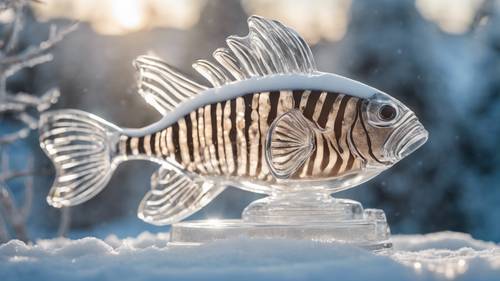 An ice sculpture of the Pisces zebra fish, glistening in the sunlight, against the backdrop of a winter wonderland.