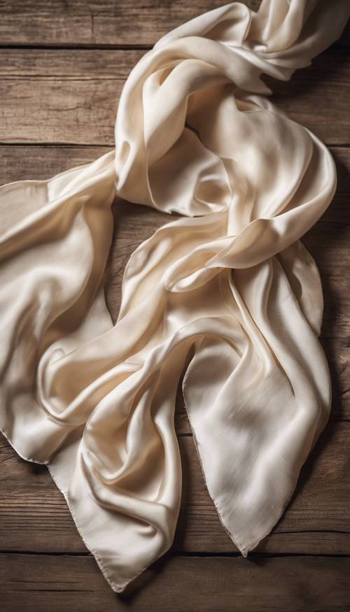 Une nature morte d&#39;un foulard en soie crème étalé sur une table en bois vintage.