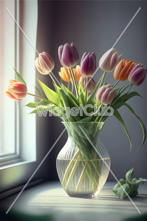 Разноцветные тюльпаны в стеклянной вазе у окна