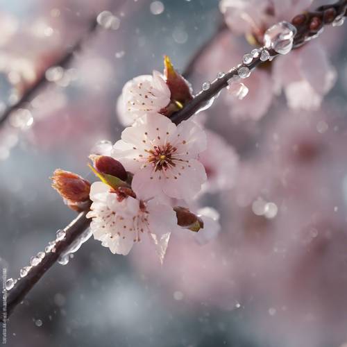 Eine Nahaufnahme von Kirschblütenknospen, die kurz vor dem Aufblühen stehen und im kühlen Morgentau getaucht sind.