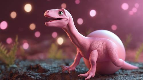 A baby pink dinosaur hatching from its egg, a moment filled with anticipation.