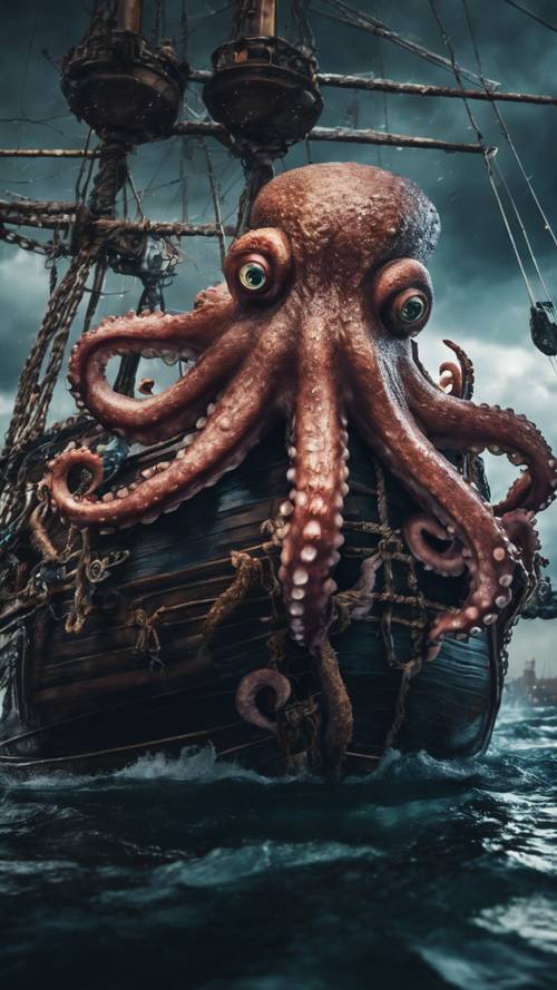 An enormous octopus with angry eyes and flaring tentacles locked in an epic battle with a pirate ship during a stormy night.