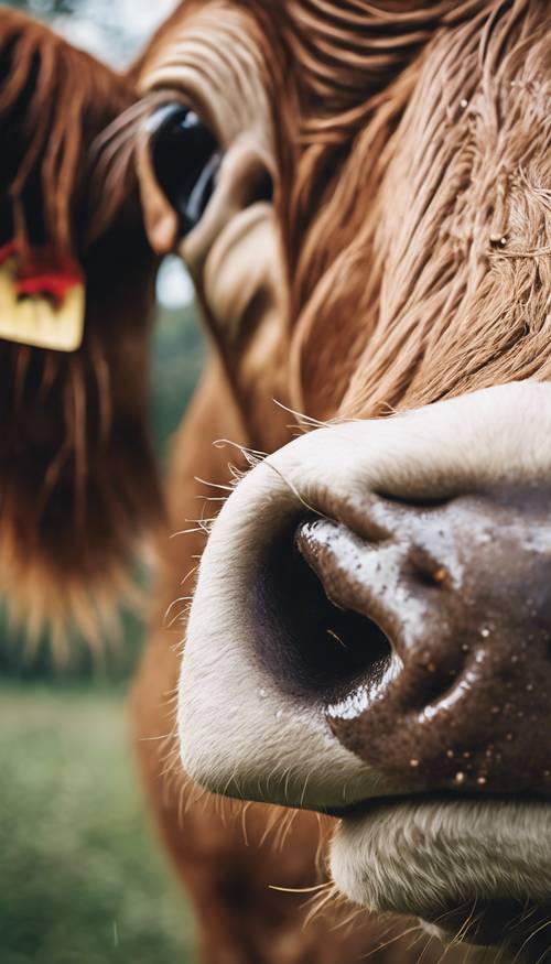 Foto close-up seekor sapi coklat dengan bulu mata panjang dan hidung hitam basah. Wallpaper [61c60b2d4c6c4d2d8022]